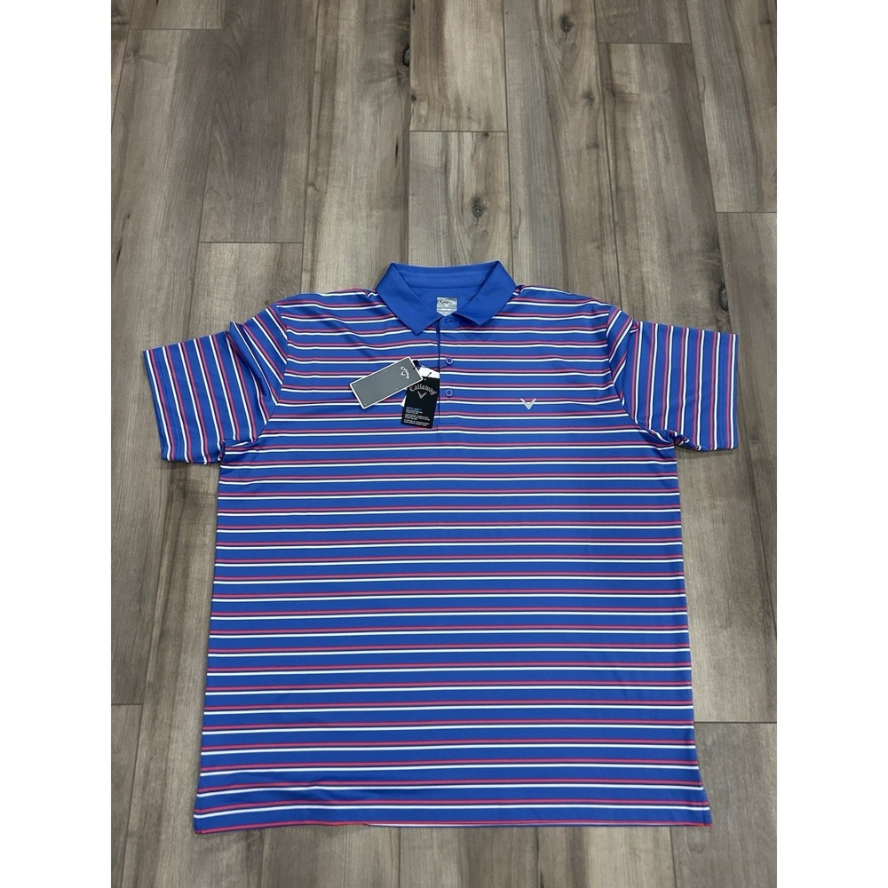 Callaway Men's Opti-Dri Polo Shirt Golf Blue Red Stripes Size XXL UPF50 Stretch
